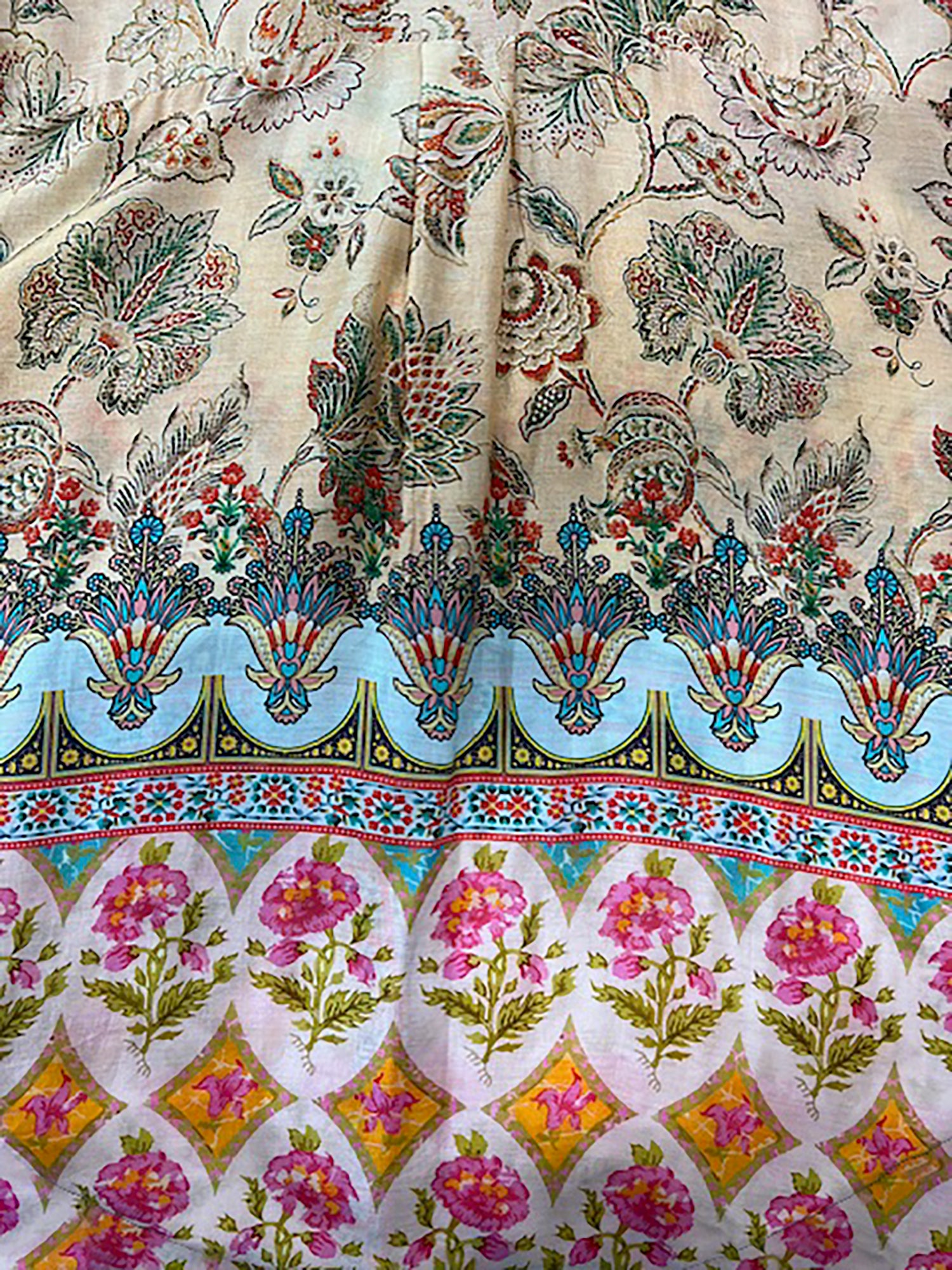 Close up of Lenah Silk blend Shirt material - flower in red, blue, green, cream as well as pink  white and orange.  