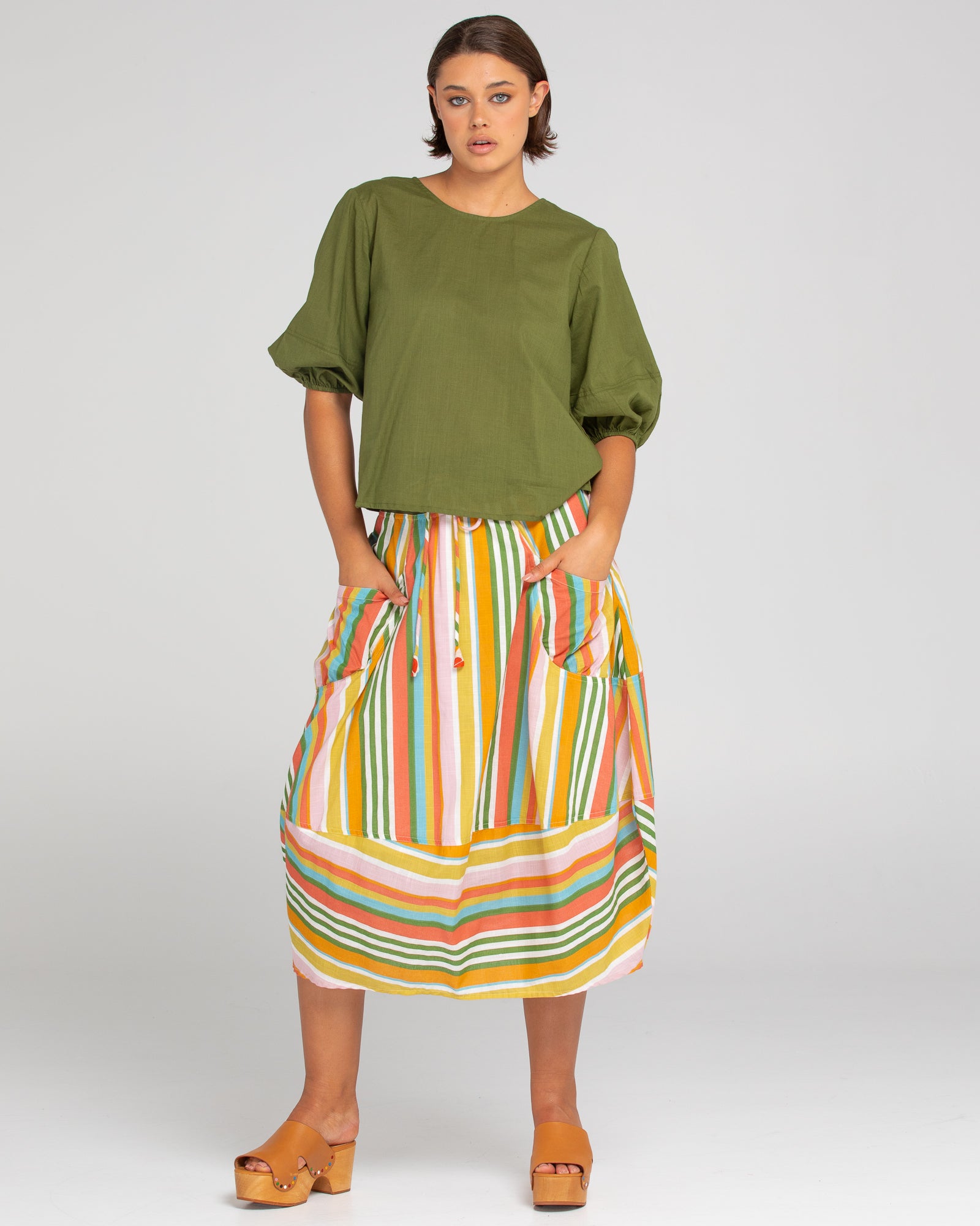 Boom Shankar Guru Midi Skirt in Aliana Stripe with front pockets.