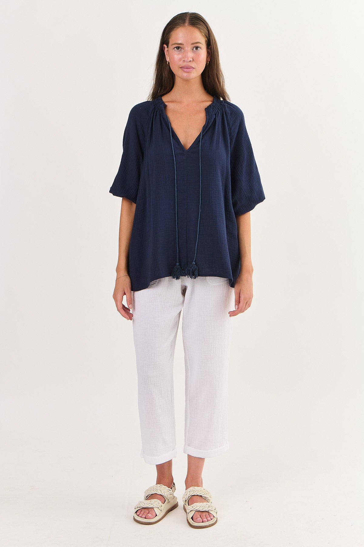 Namstai Mooring Relaxed short sleeve cotton blouse top (Navy Blue).