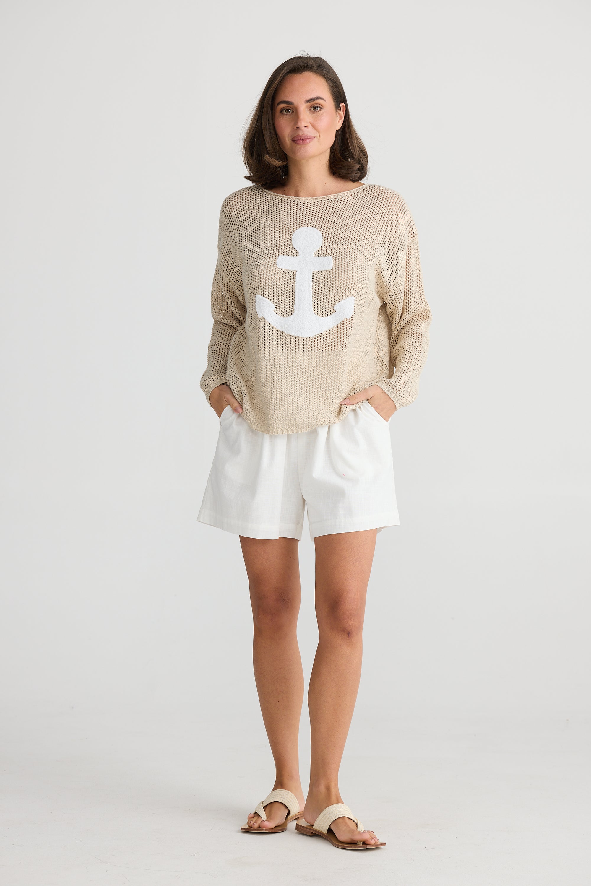 model wearing natural knit anchor long sleeve top by Holiday.