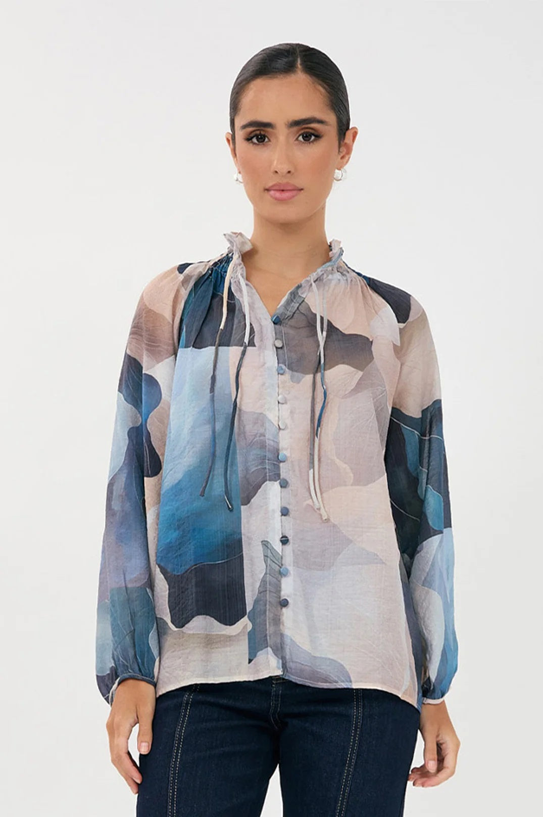 Adorne's Opal Printed  Long Sleeve Shirt in Blue and Cream. 