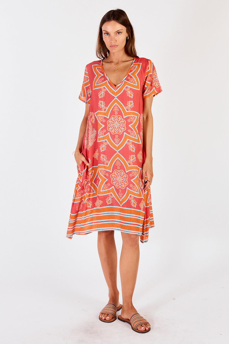 Monaco Midi Dress in Geranium Pink and Orange Star Print by LulaSoul.