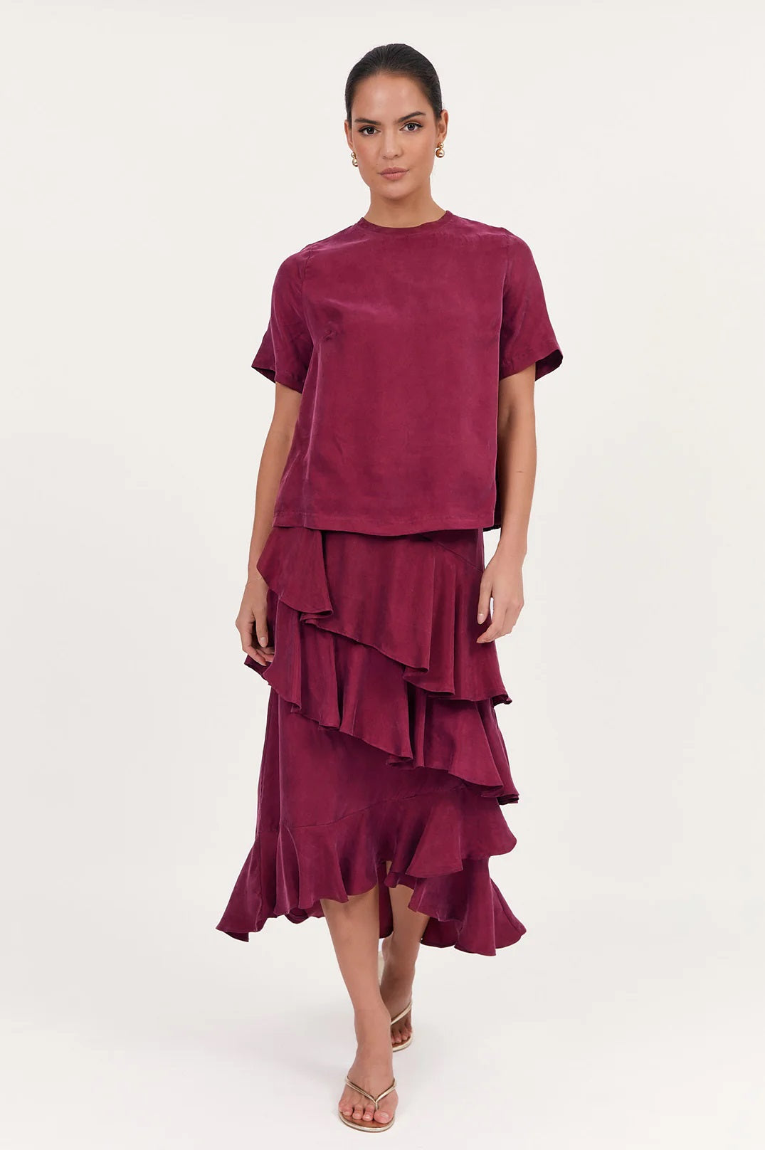 Peta Frilled Ruffle Skirt in Burgundy by Adorne.