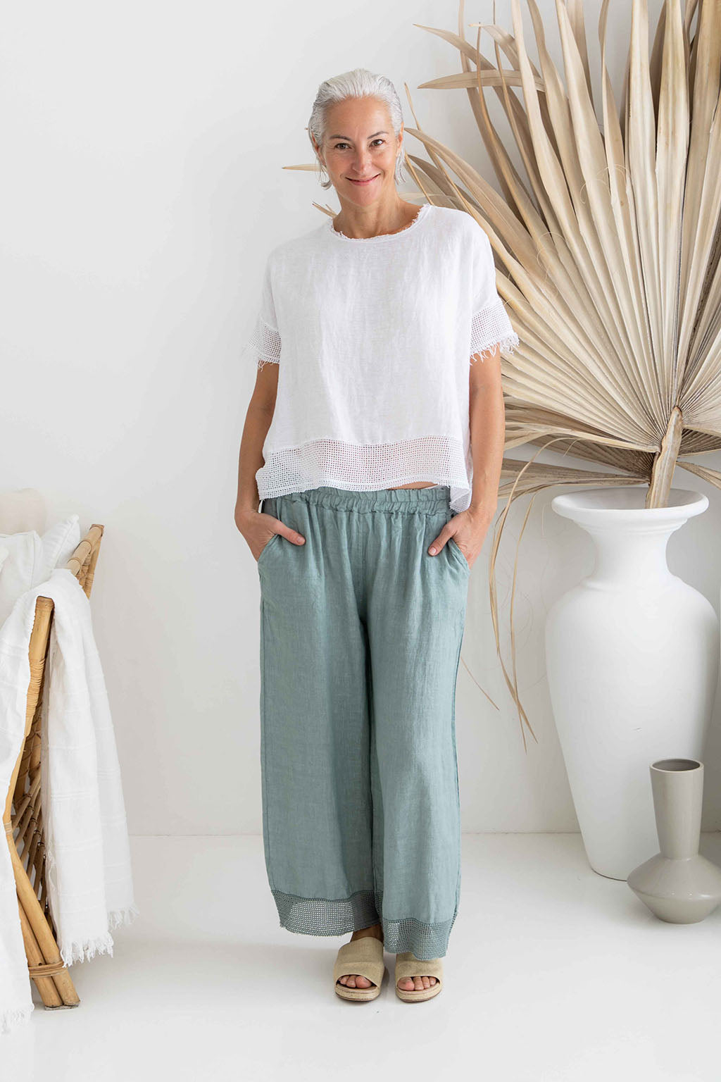 Pineta Wide Leg Linen Trousers in Blue by The Italian Cartel.