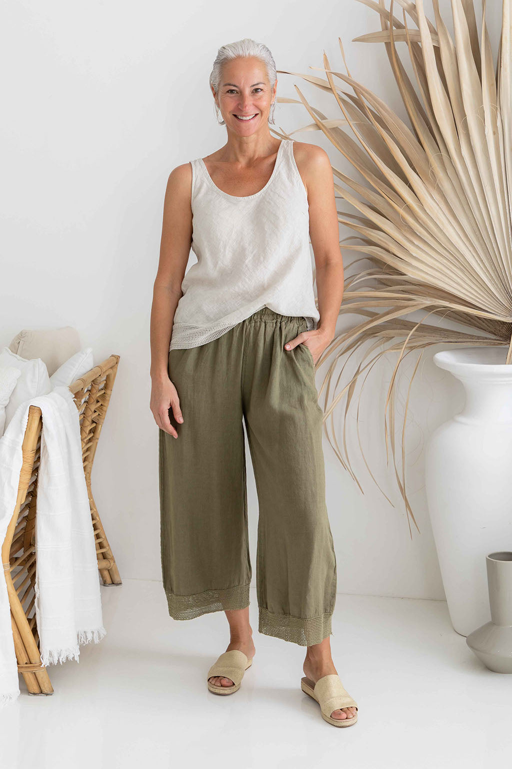 Pineta Wide Leg Linen Trousers in Slate / Khaki by The Italian Cartel.