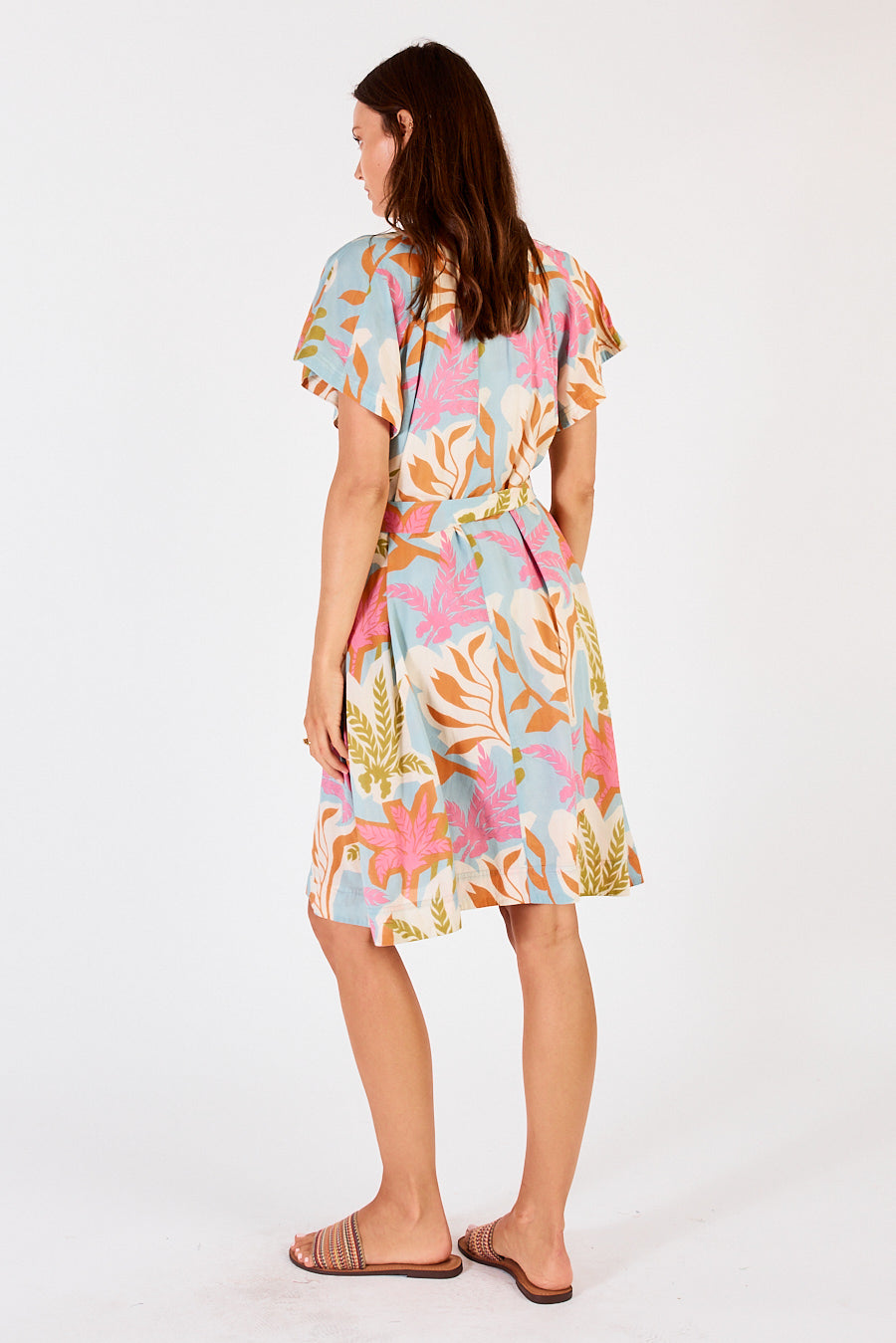 Leafy flower print midi dress in blue, pink, white, orange and green by LulaSoul.