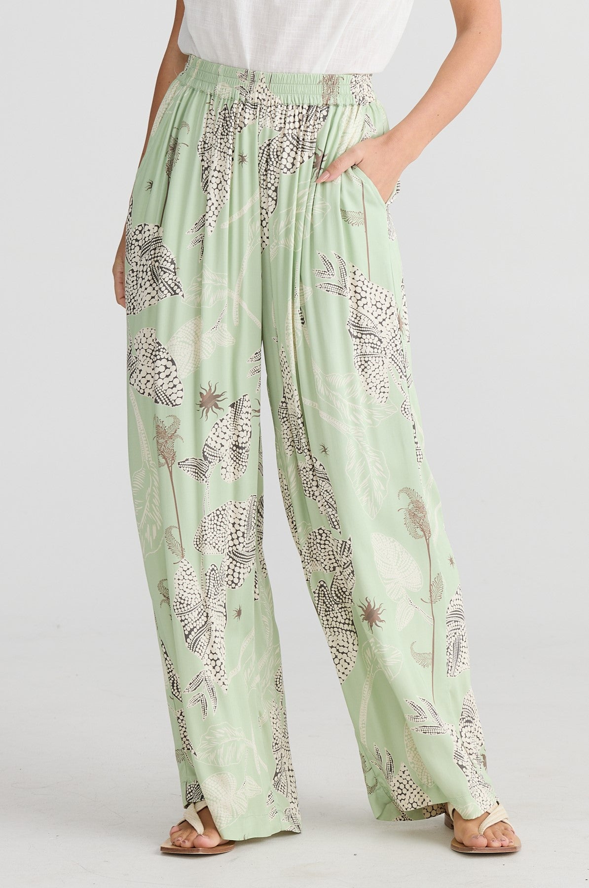 Model wearing Holiday's Ladies Playa Pants in Waterlily (Green).