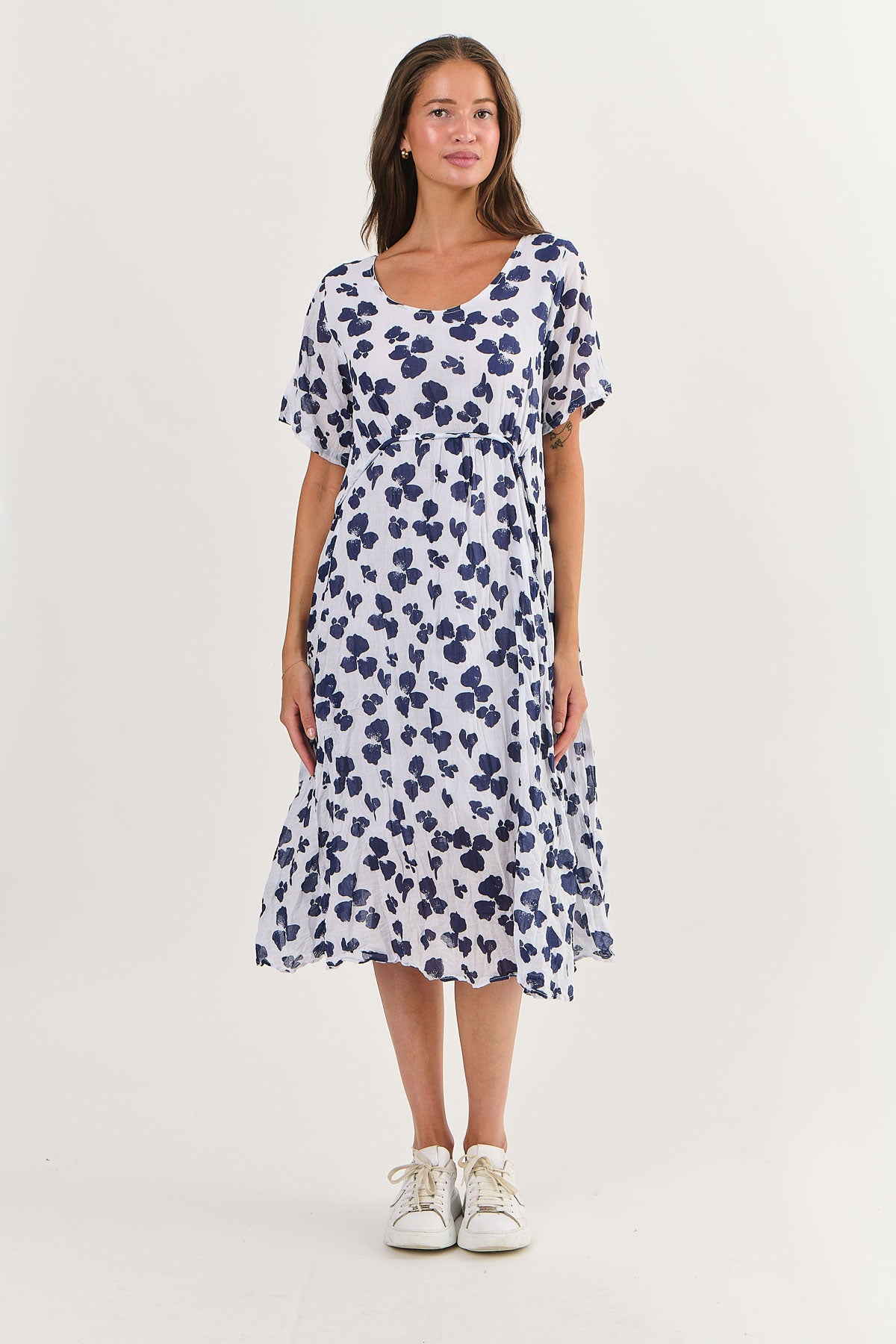 Namastai Pocket Midi Dress, floral print in white and blue.