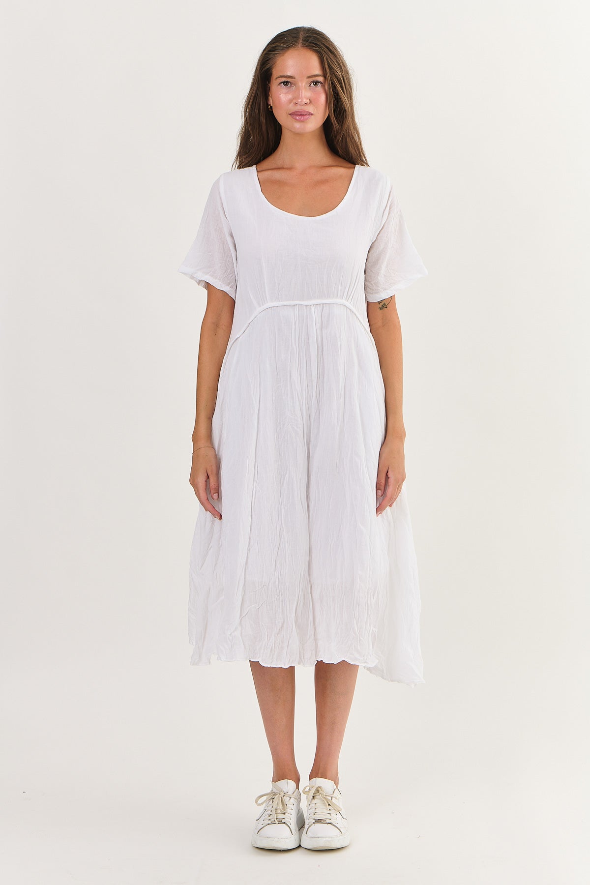 White Baby Doll Style Midi Dress with Piping under the bust in an arc by Namastai.