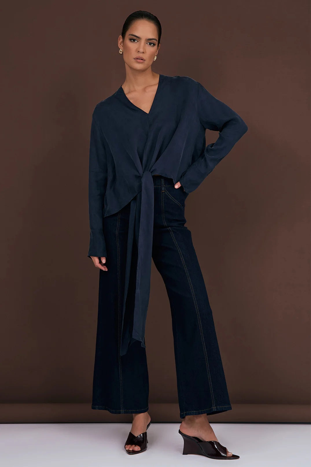 Rylie Cupro Top in navy Blue showing the tie front loose.