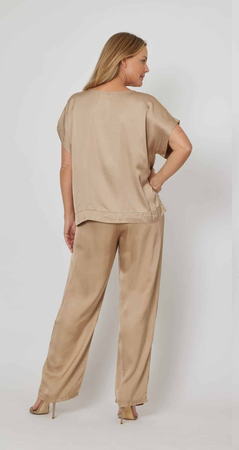 silky satiny camel blouse top with a round neck by la strada