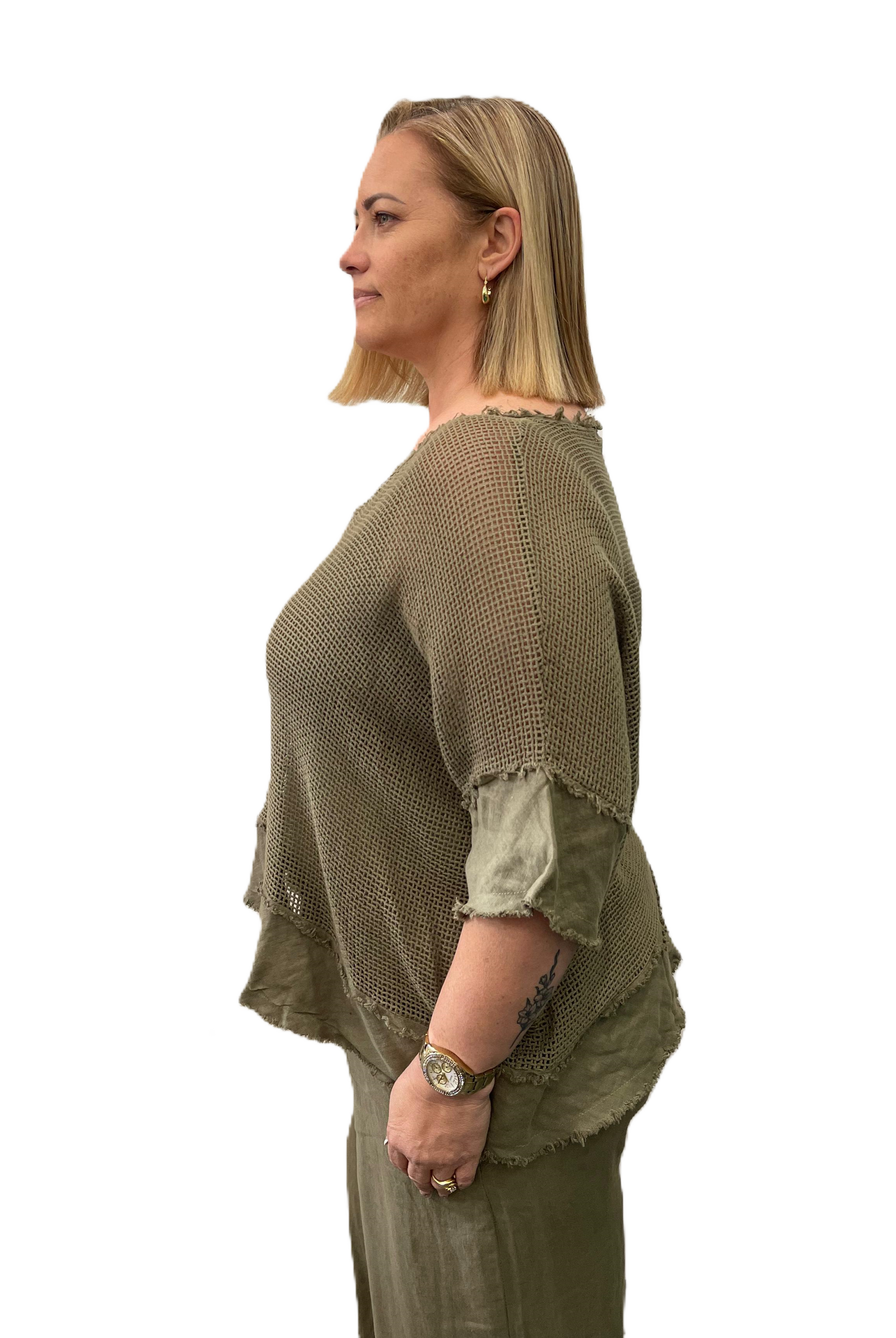 ladies mesh cotton top in khaki with removable cami lining by Italian Cartel.