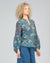 Ladies floral and geometric blue, orange, green and red long sleeve contrasting print top by Boom Shankar. 