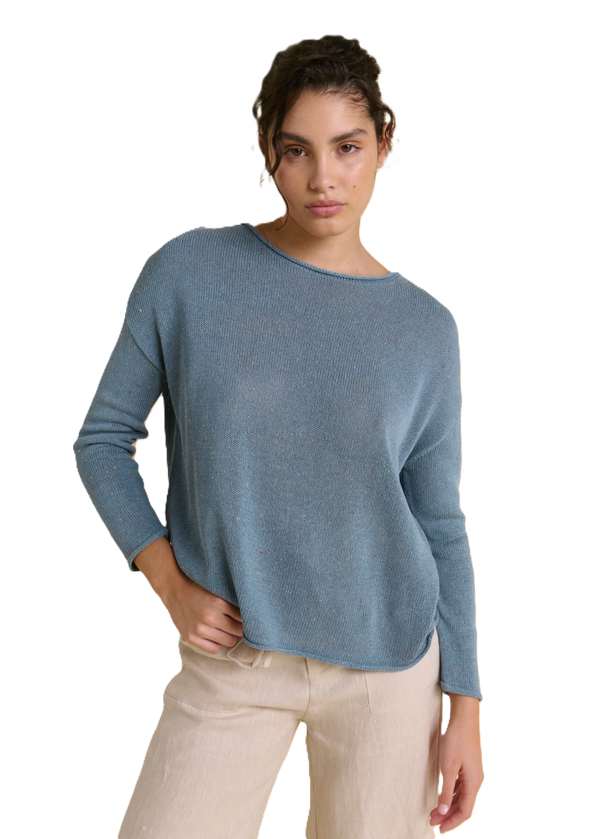 Speckled / Fleck Long Sleeve Spring Knit Top by Little Lies in Teal Blue.