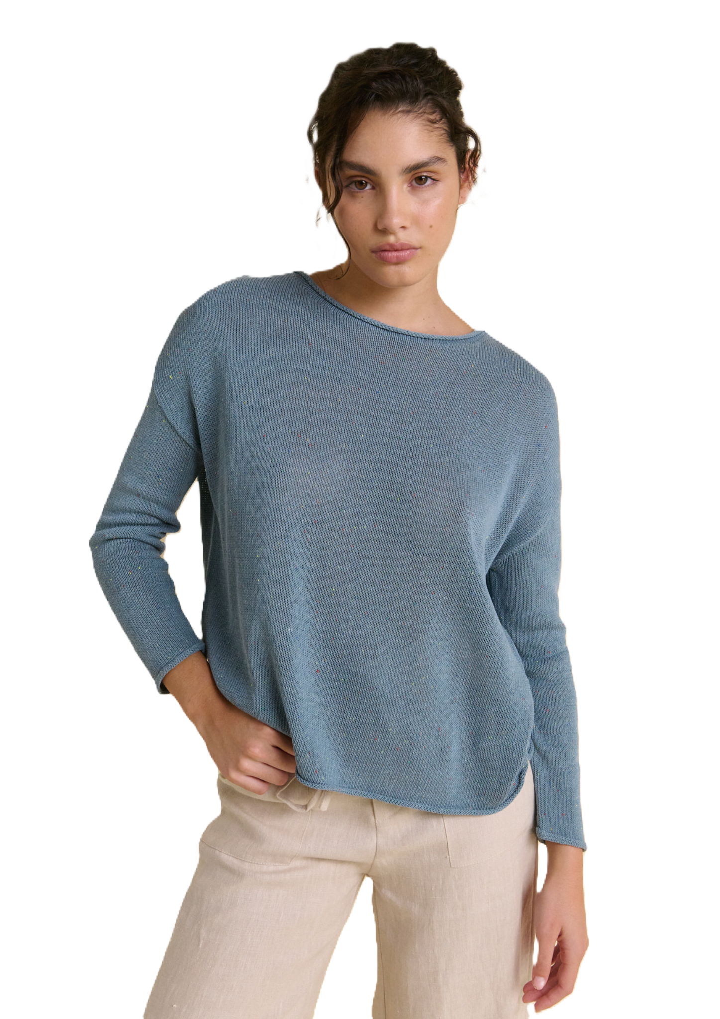 Speckled / Fleck Long Sleeve Spring Knit Top by Little Lies in Teal Blue.