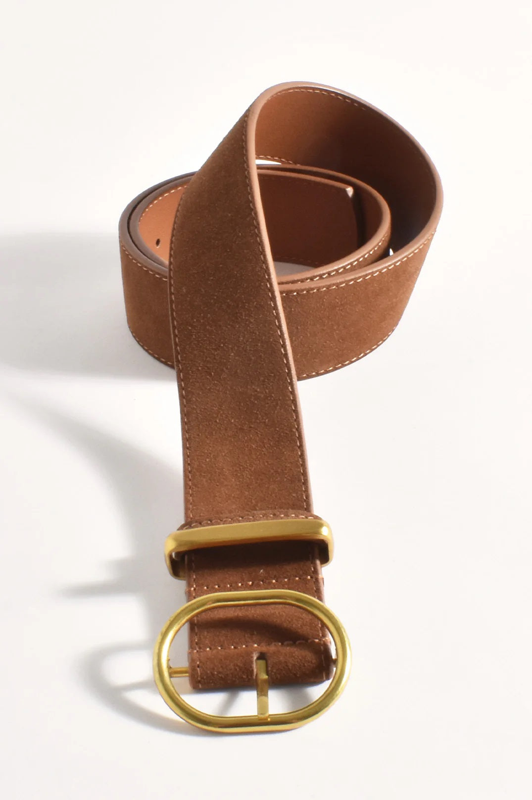 Camel Suede belt with gold coloured oval buckle by Adorne.