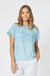 Threadz Linen Blend Tee with Satin Front Trim in Blue.