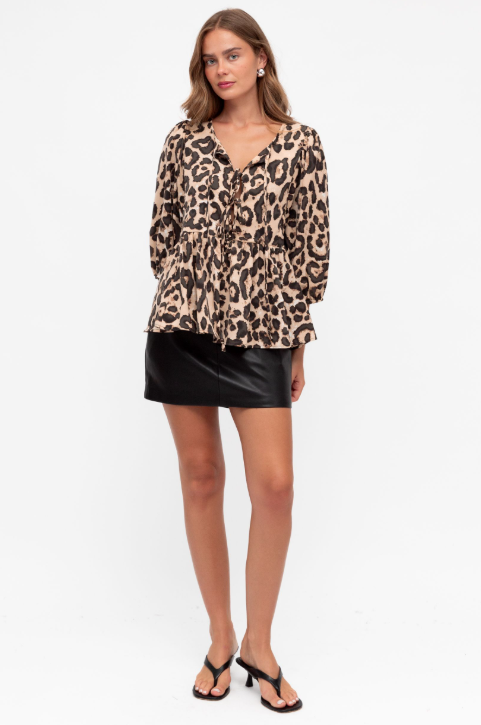 Leopard Print Tigeress Blouse by Ebby & I with 3/4 sleeves and elasticated cuffs, flounce hem and v-neck by Ebby & I.