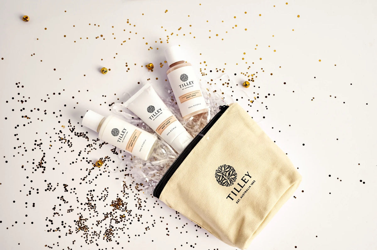 Tilley Gift Bag Set in Champagne Confetti includes body wash, body scrub and body lotion.