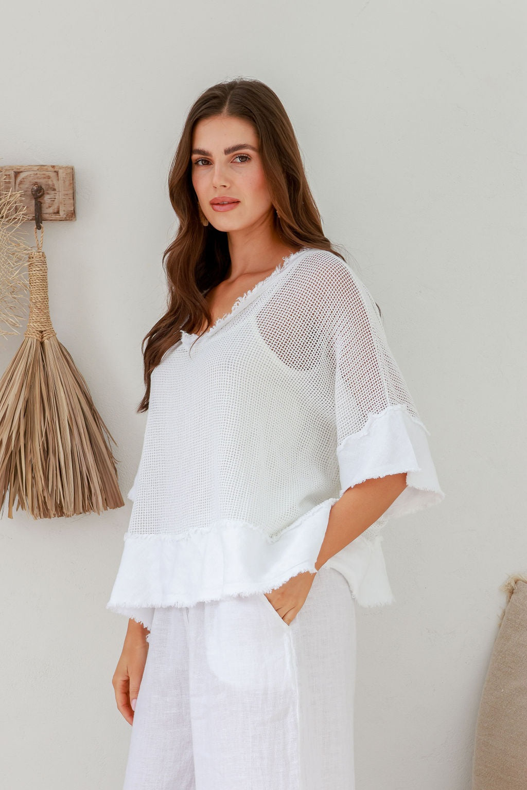 The Italian cartels Carina cotton open weave top in white.