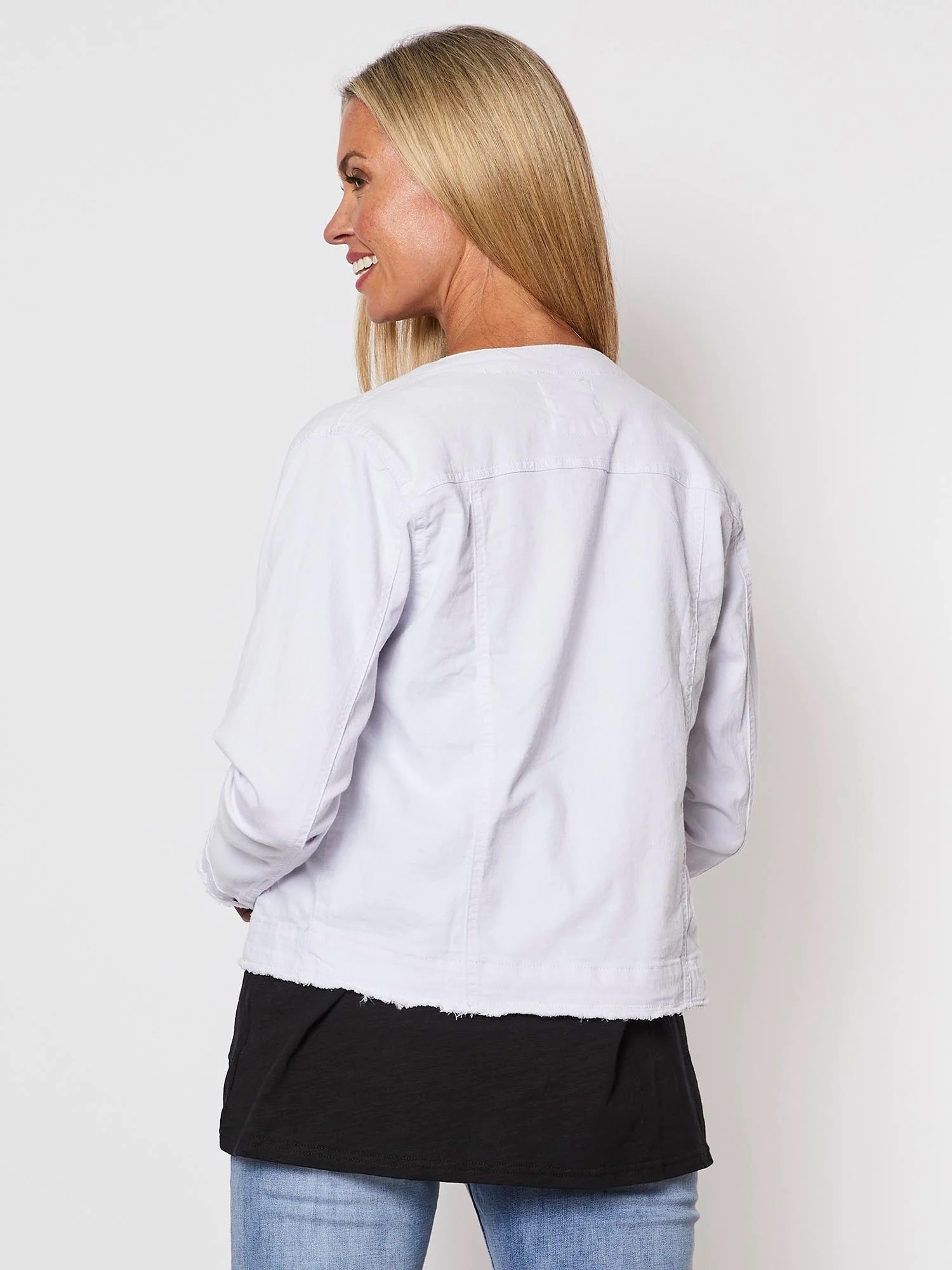 Collarless white 2024 jean jacket