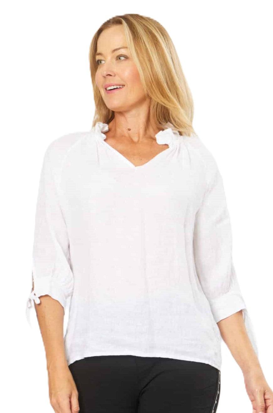 Linen Frill V Neck Top