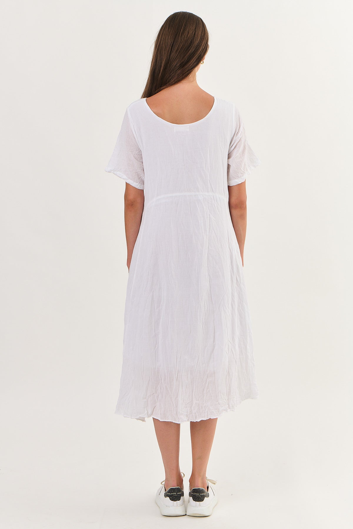 Back of Pocket Cotton Midi Dress in White by namastai.