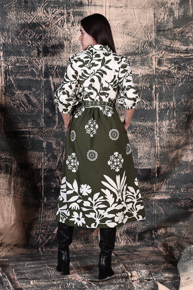 Back of Remi Midi Dress in Olive Green and White foliage Print.