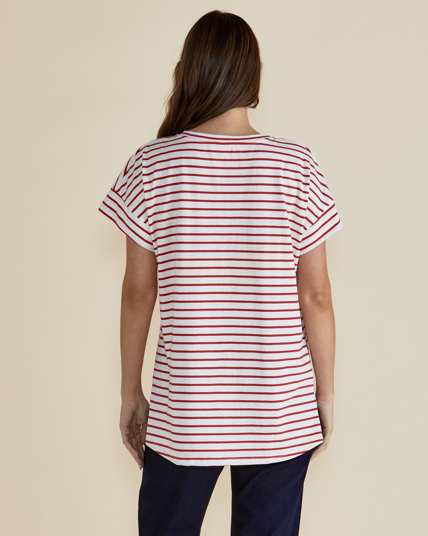 Red and white striped Will t shirt with short sleeves by Betty Basics.