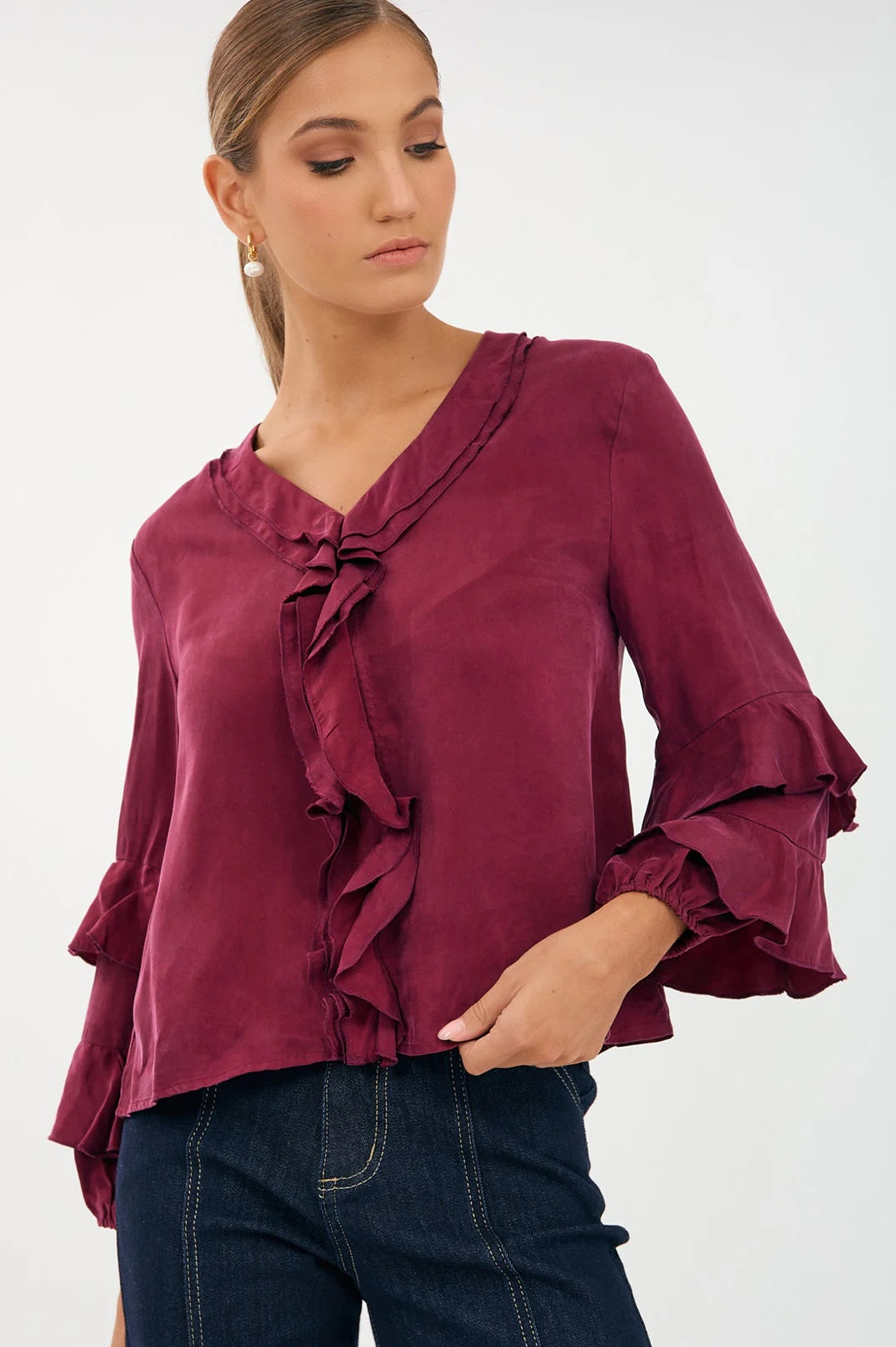 Ladies Marla Frilled Cupro Top in Burgundy with Long Sleeves by Adorne.