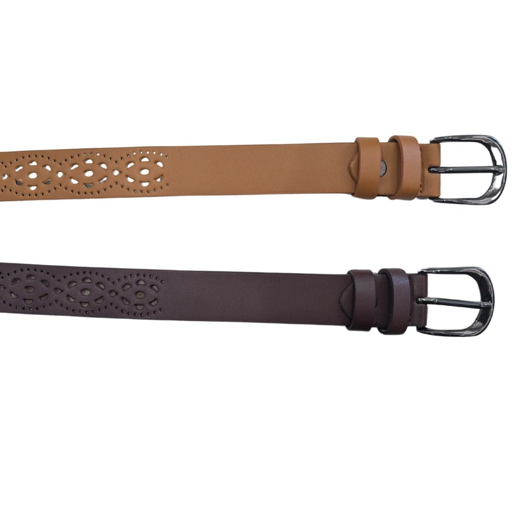 Women&#39;s Perforated Belts in Brown or Tan with belt loops and dark silver hardware.