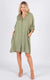 Worthier Annya Khaki Green Linen Midi Shirt Dress with button up front, v-neck and classic collar.