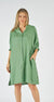 Worthier Annya Moss Green Linen Midi Shirt Dress with button up front, v-neck and classic collar.