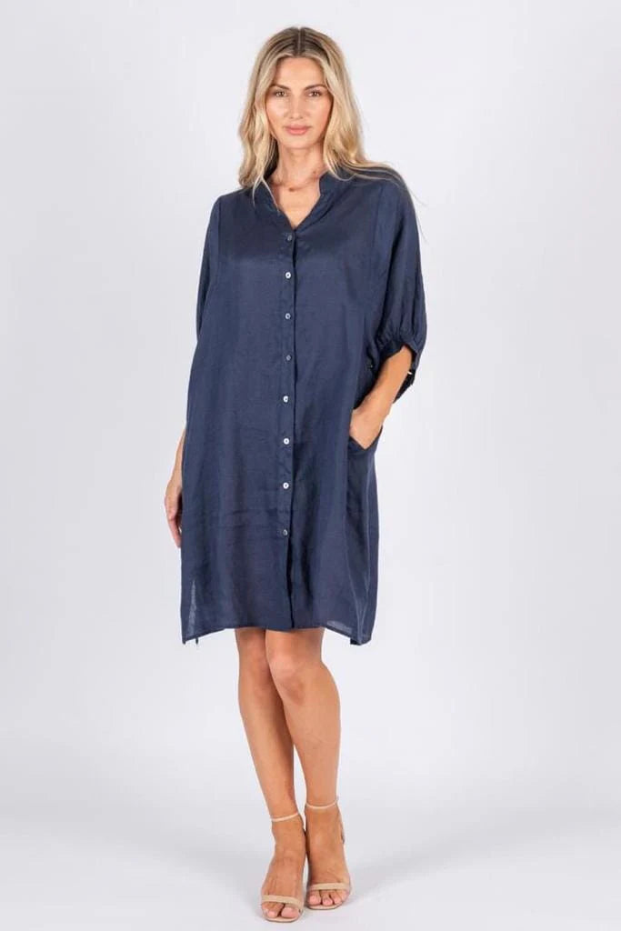 Worthier Annya Navy Blue Linen Midi Shirt Dress with button up front, v-neck and classic collar.